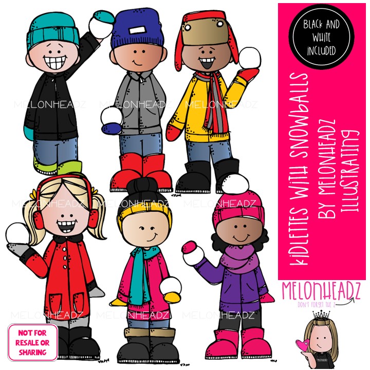 Kidlettes with snowballs clip art, Winter clip art Mini