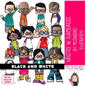 Kidlettes With Sunglasses clip art, summer BLACK AND WHITE