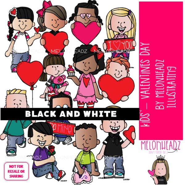 Kids clip art - Valentines Day - BLACK AND WHITE