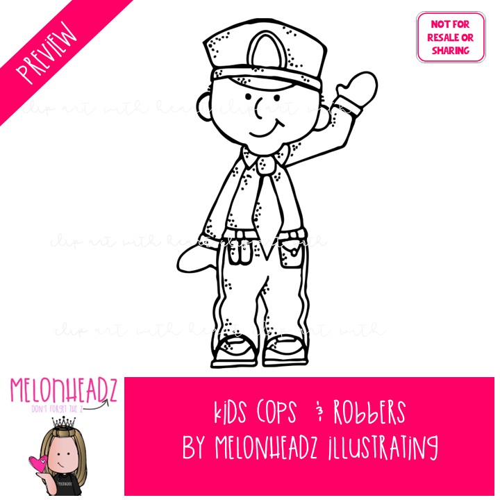Cops and Robbers clip art, Kids BLACK AND WHITE - Image 2