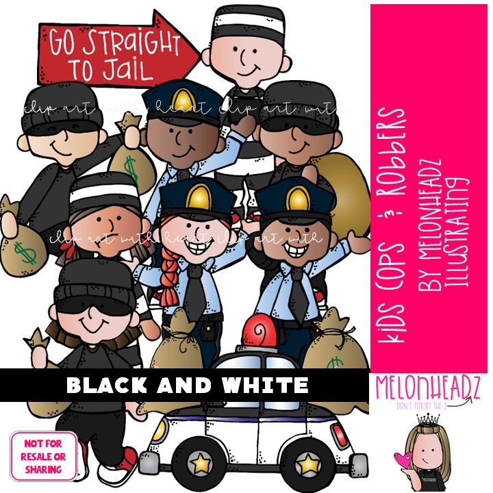 Cops and Robbers clip art, Kids BLACK AND WHITE