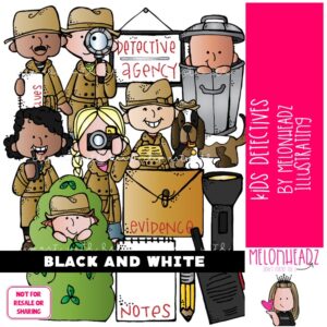 Detectives clip art, kids BLACK AND WHITE