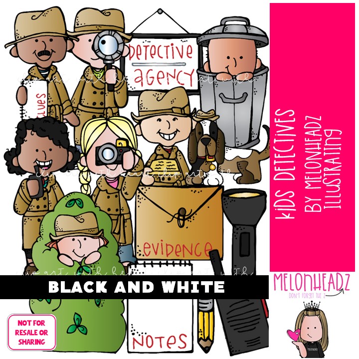 Detectives clip art, kids BLACK AND WHITE