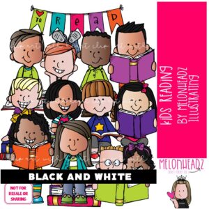 Kids clip art, Reading, library BLACK AND WHITE