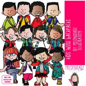 Kids with Backpacks clip art, school COLORED Version