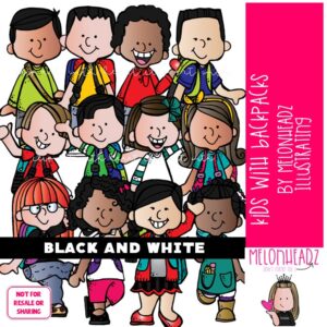 Kids With Backpacks clip art, school BLACK AND WHITE