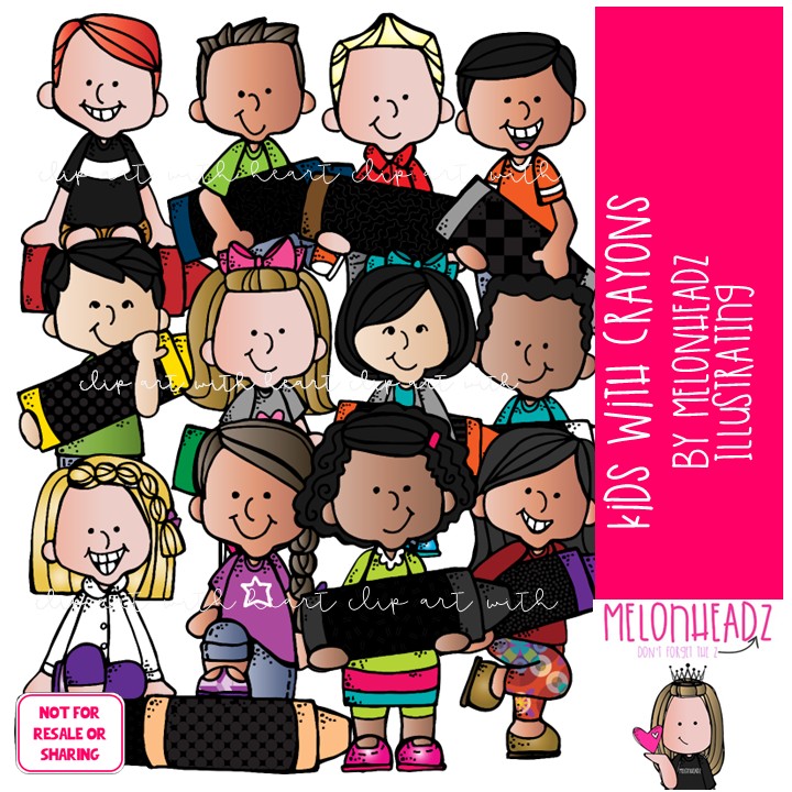 Kids With Crayons clip art, school supplies COLORED Version