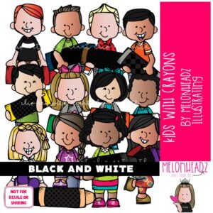 Kids With Crayons clip art, school supplies BLACK AND WHITE