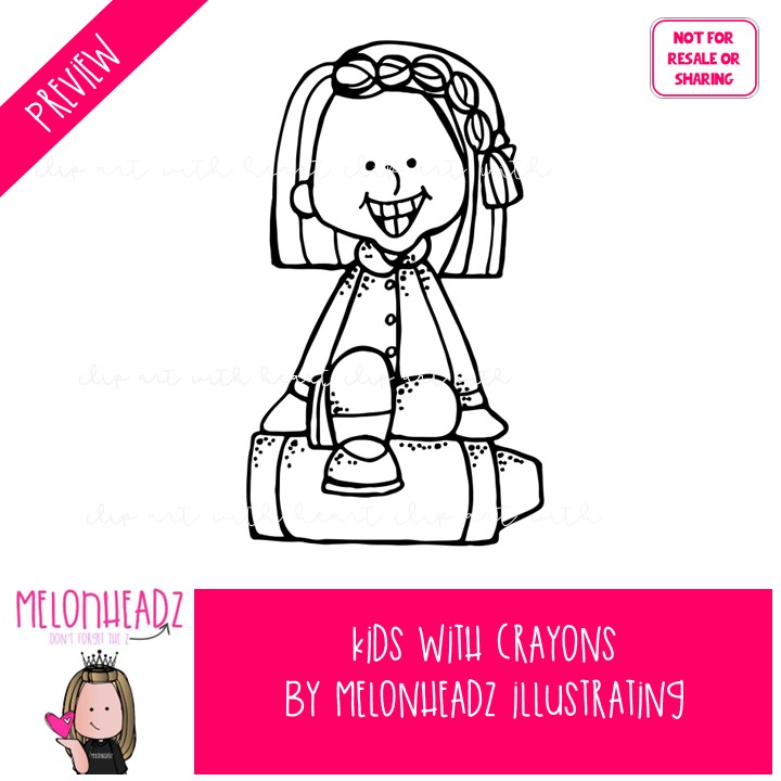 Kids With Crayons clip art, school supplies BLACK AND WHITE - Image 2