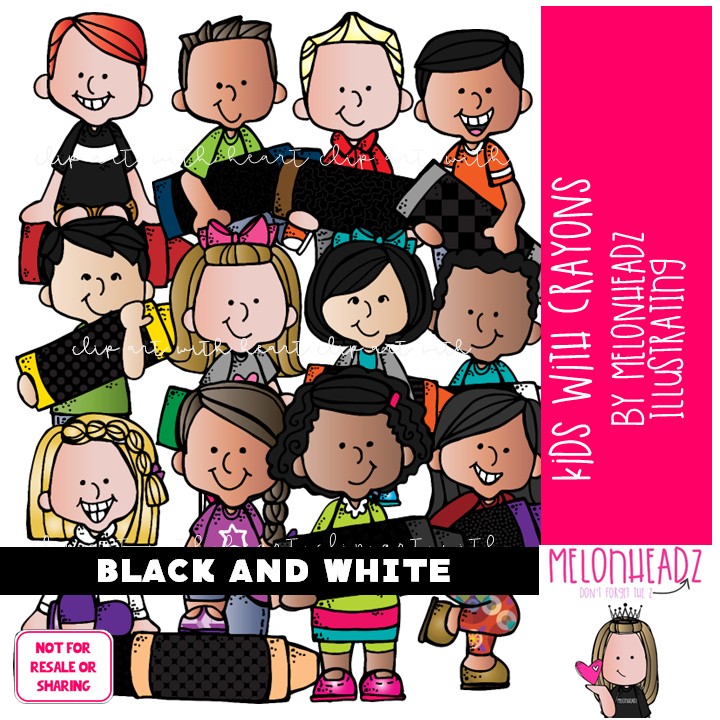 Kids With Crayons clip art, school supplies BLACK AND WHITE