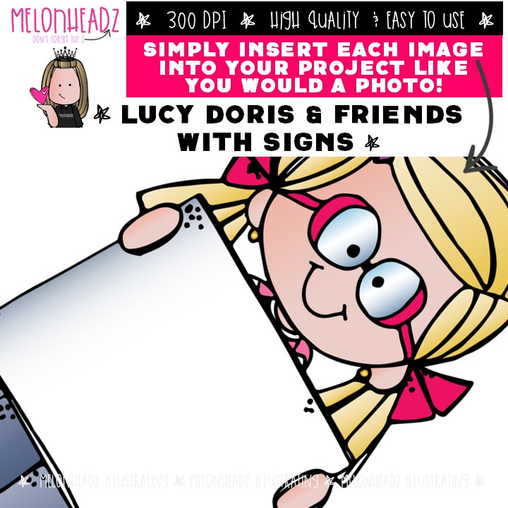 Lucy Doris and Friends with signs, blank, Melonheadz Character COLORED Version - Image 3