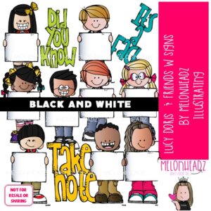 Lucy Doris and Friends with signs, blank, Melonheadz Character BLACK AND WHITE