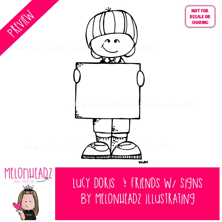 Lucy Doris and Friends with signs, blank, Melonheadz Character BLACK AND WHITE - Image 2