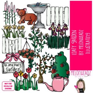 Leafy Garden clip art, background piece, flower COLORED Version