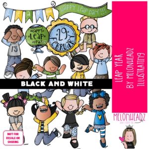 Leap Year clip art, jumping, holiday BLACK AND WHITE