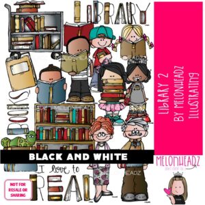 Library 2 clip art, reading, books BLACK AND WHITE