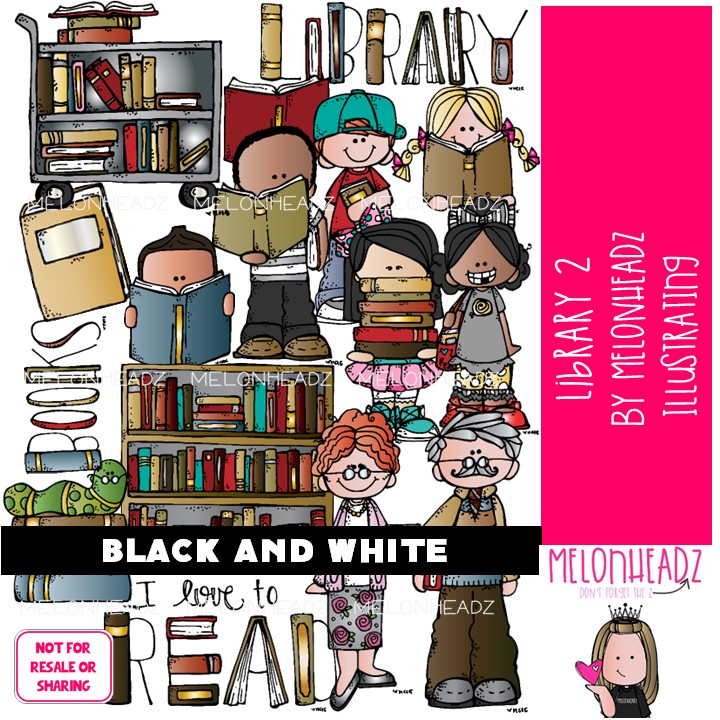 Library 2 clip art, reading, books BLACK AND WHITE
