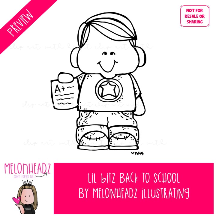 Lil Bitz Back To School clip art, kid BLACK AND WHITE - Image 2