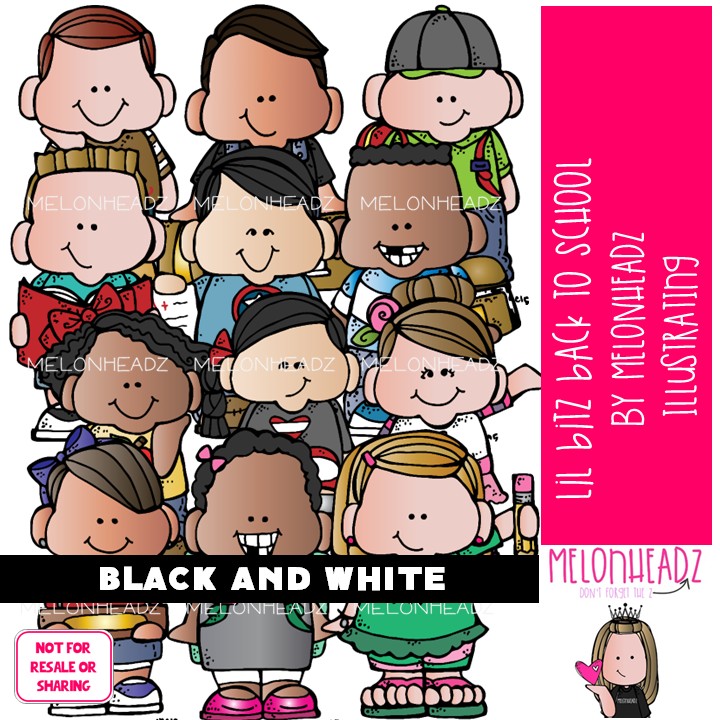 Lil Bitz Back To School clip art, kid BLACK AND WHITE