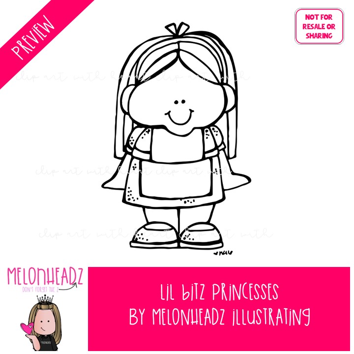 Lil Bitz clip art, Princesses BLACK AND WHITE - Image 2