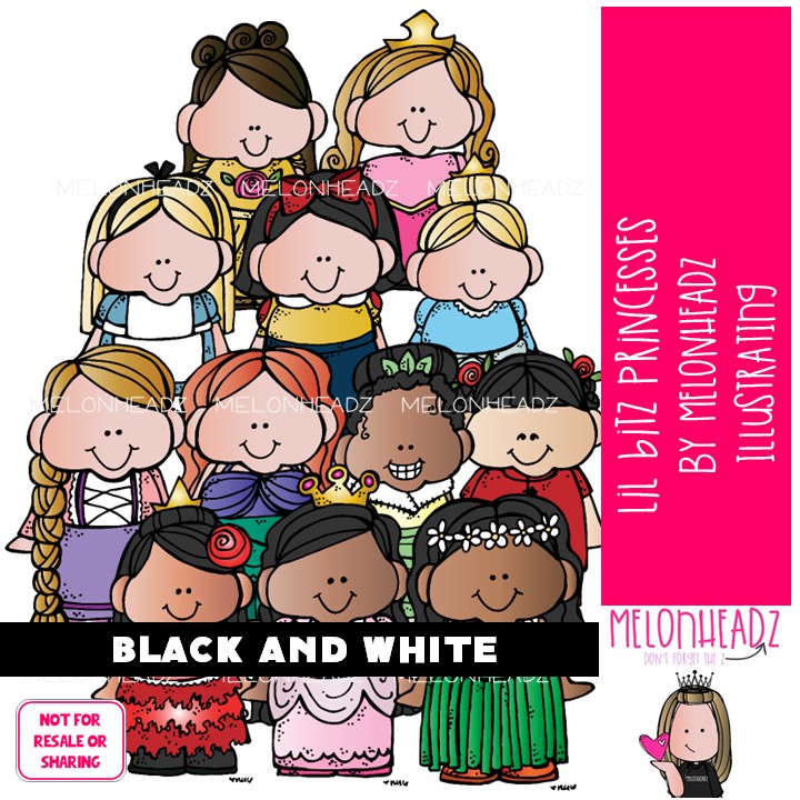 Lil Bitz clip art, Princesses BLACK AND WHITE