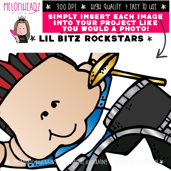 Lil Bitz Rockstars clip art, band, rock n roll COLORED Version - Image 3