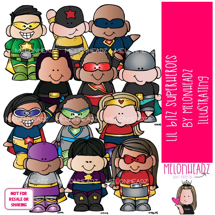 Lil Bitz Superheroes clip art, kid COLORED Version