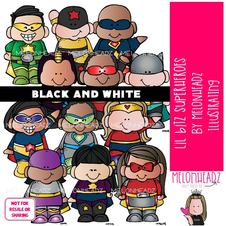 Lil Bitz Superheroes clip art , kid BLACK AND WHITE