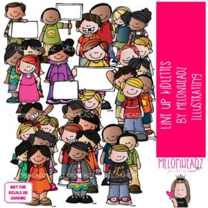 Line Up Kidlettes clip art, group, blank sign COLORED Version