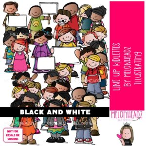 Line Up kidlettes clip art, group, blank sign BLACK AND WHITE