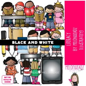 Literacy clip art, reading, writing BLACK AND WHITE