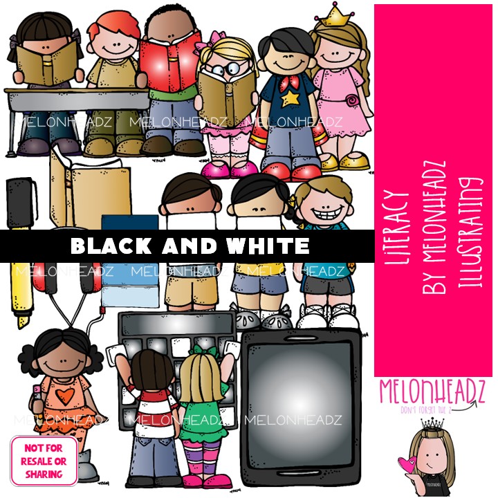 Literacy clip art, reading, writing BLACK AND WHITE