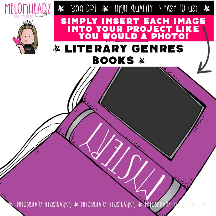 Literary Genres clip art, library, Books COLORED Version - Image 3
