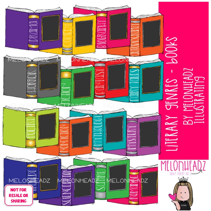 Literary Genres clip art, library, Books COLORED Version