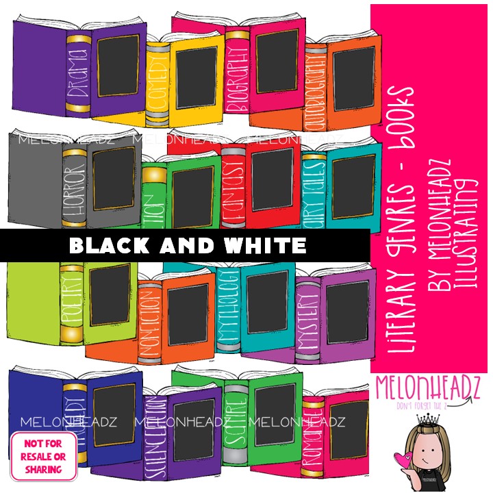 Literary Genres clip art, library, Books BLACK AND WHITE