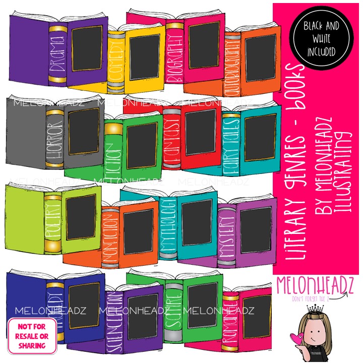 Literary Genres clip art, library, Books COMBO PACK
