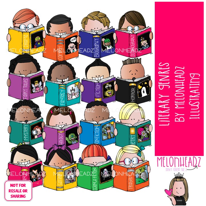 Literary Genres clip art, library, reading COLORED Version