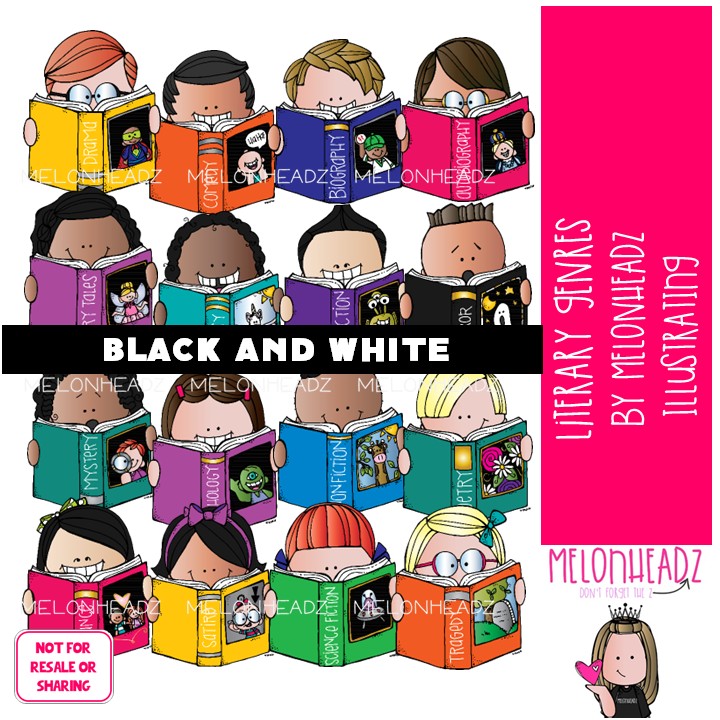 Literary Genres clip art, library, reading BLACK AND WHITE