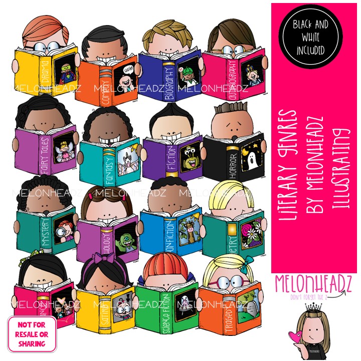 Literary Genres clip art, library, reading Combo Pack