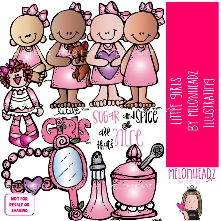 Little Girls clip art, toddler, toy COLORED Version