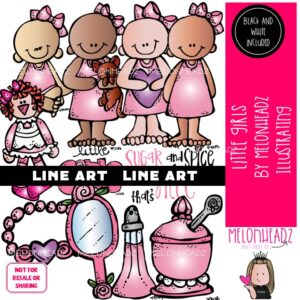 Little Girls clip art, toddler, toy LINE ART and BLACK AND WHITE
