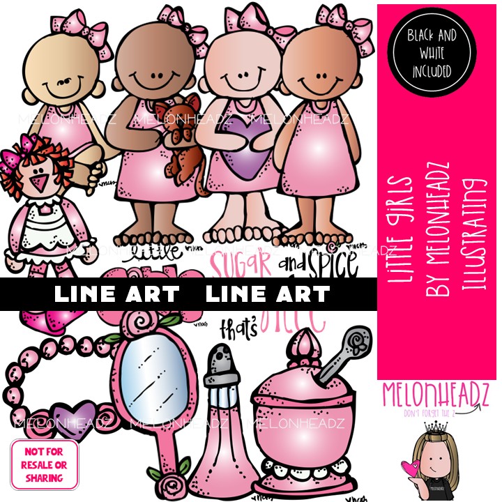Little Girls clip art, toddler, toy LINE ART and BLACK AND WHITE