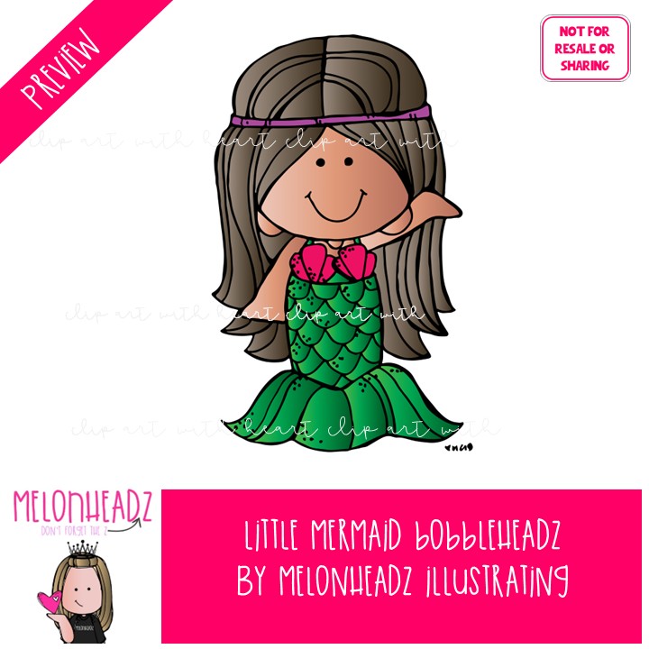Little Mermaid clip art, Bobbleheadz, literature, book companion COLORED Version - Image 2