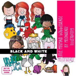 Little Mermaid clip art, Bobbleheadz, literature, book companion BLACK AND WHITE