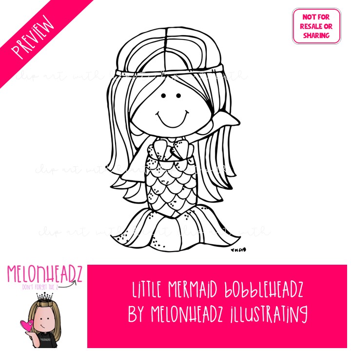 Little Mermaid clip art, Bobbleheadz, literature, book companion BLACK AND WHITE - Image 2
