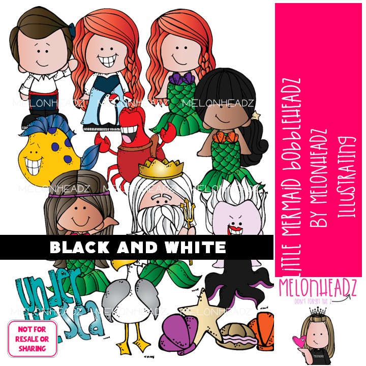 Little Mermaid clip art, Bobbleheadz, literature, book companion BLACK AND WHITE