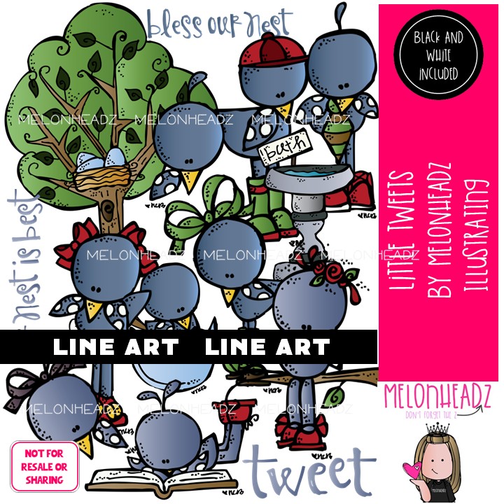 Little Tweets clip art, bird, tree LINE ART and BLACK AND WHITE