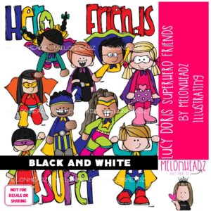 Superhero Friends clip art, Lucy Doris, Melonheadz Characters BLACK AND WHITE