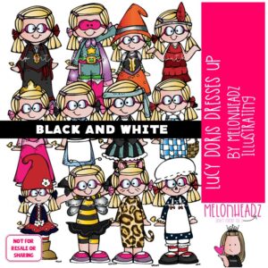 Lucy Doris Dresses up clip art, Halloween, Melonheadz Character BLACK AND WHITE