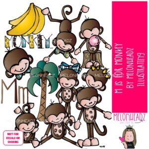 M is for Monkey clip art, alphabet, primate COLORED Version